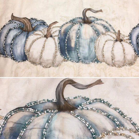 Nicole Miller Beaded Pumpkin Table Runner Blue Cream Thanksgiving Decor 14x72 - Picture 1 of 11